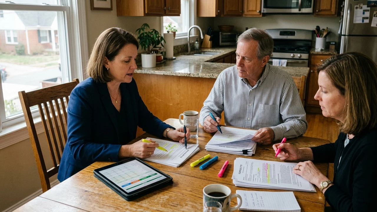 Richmond real estate agent reviewing multiple competing purchase offers with home sellers at a kitchen table using highlighters and a tablet