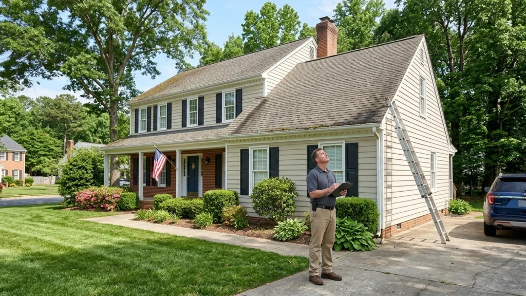 Home inspector in driveway evaluating aging asphalt shingle roof on suburban Richmond VA home