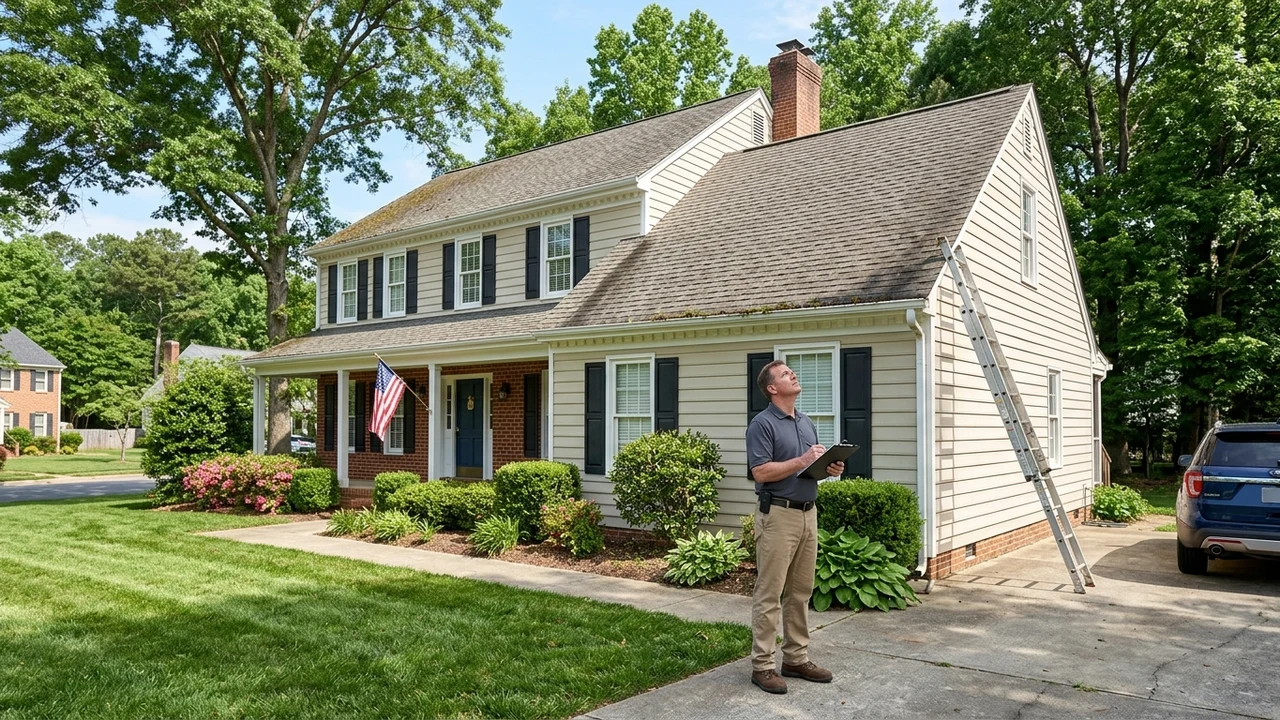 Home inspector in driveway evaluating aging asphalt shingle roof on suburban Richmond VA home