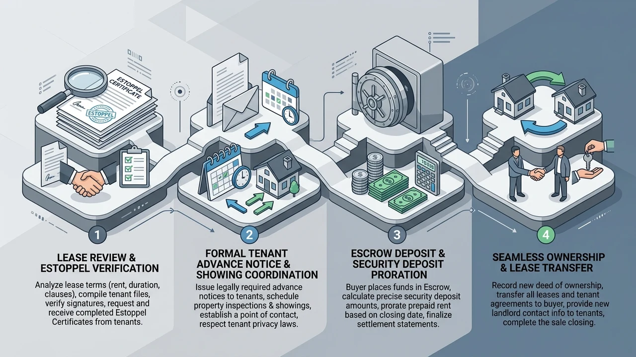 3D isometric process diagram illustrating the 4 major milestones of selling a tenant-occupied residential property